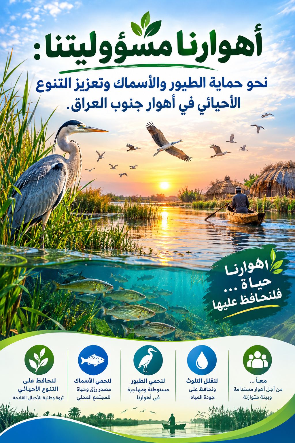 أهوارنا مسؤوليتنا : نحو حماية الطيور والأسماك وتعزيز التنوع الاحيائي في أهوار جنوب العراق
